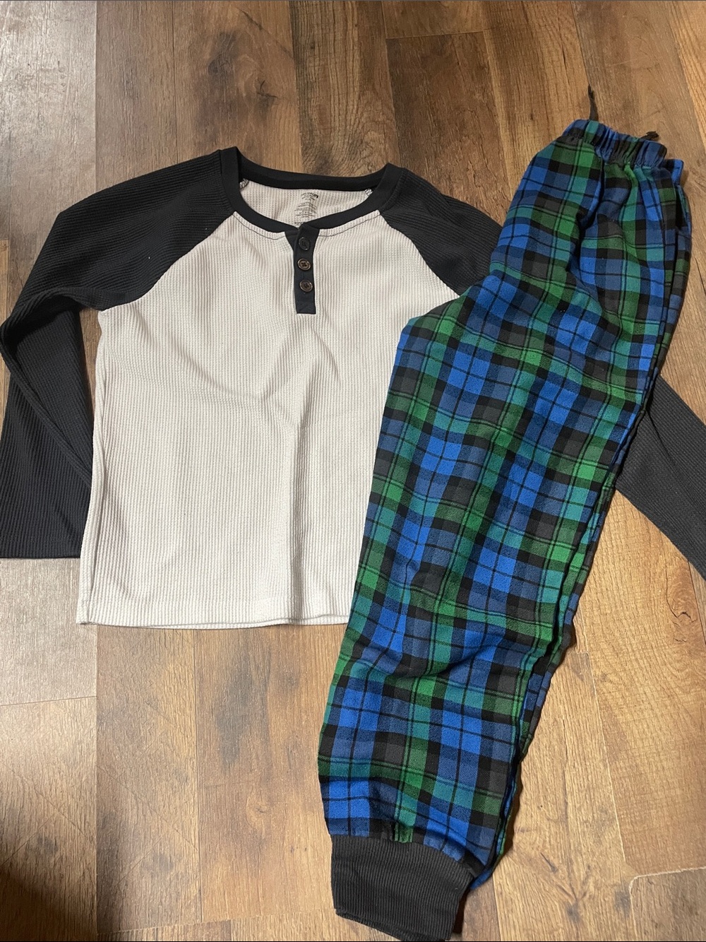 Kids Black & White Henley Top with Blue-Green Plaid Pajama Pants